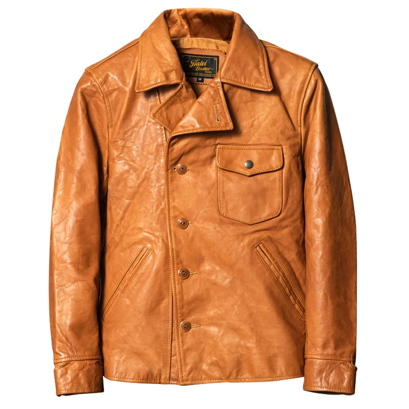 Orange Herbst Lederjacke Männer Retro Casual Stil Plus Größe 5XL Echtes Natürliches Rindsleder Einreiher Ledermantel