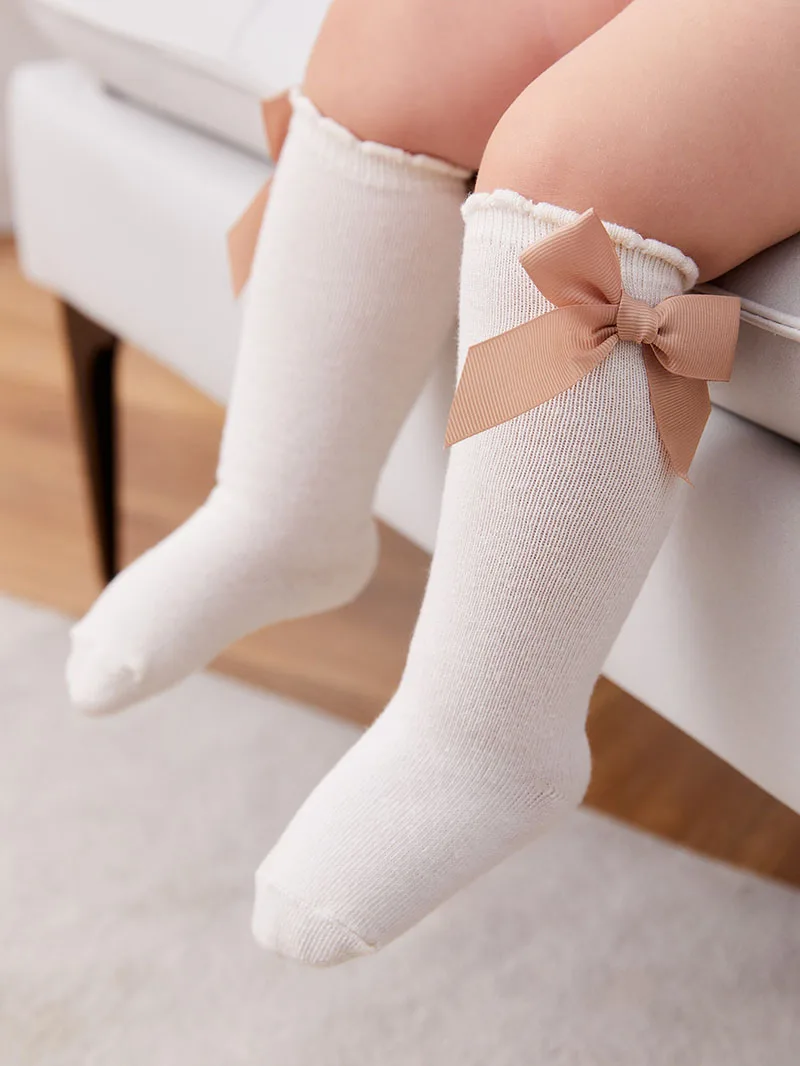 5 Paar Säuglingsbabysocken mit großer Schleife, niedlich, solide, knielang, atmungsaktive Mesh-Socken für Kleinkinder und Mädchen Image