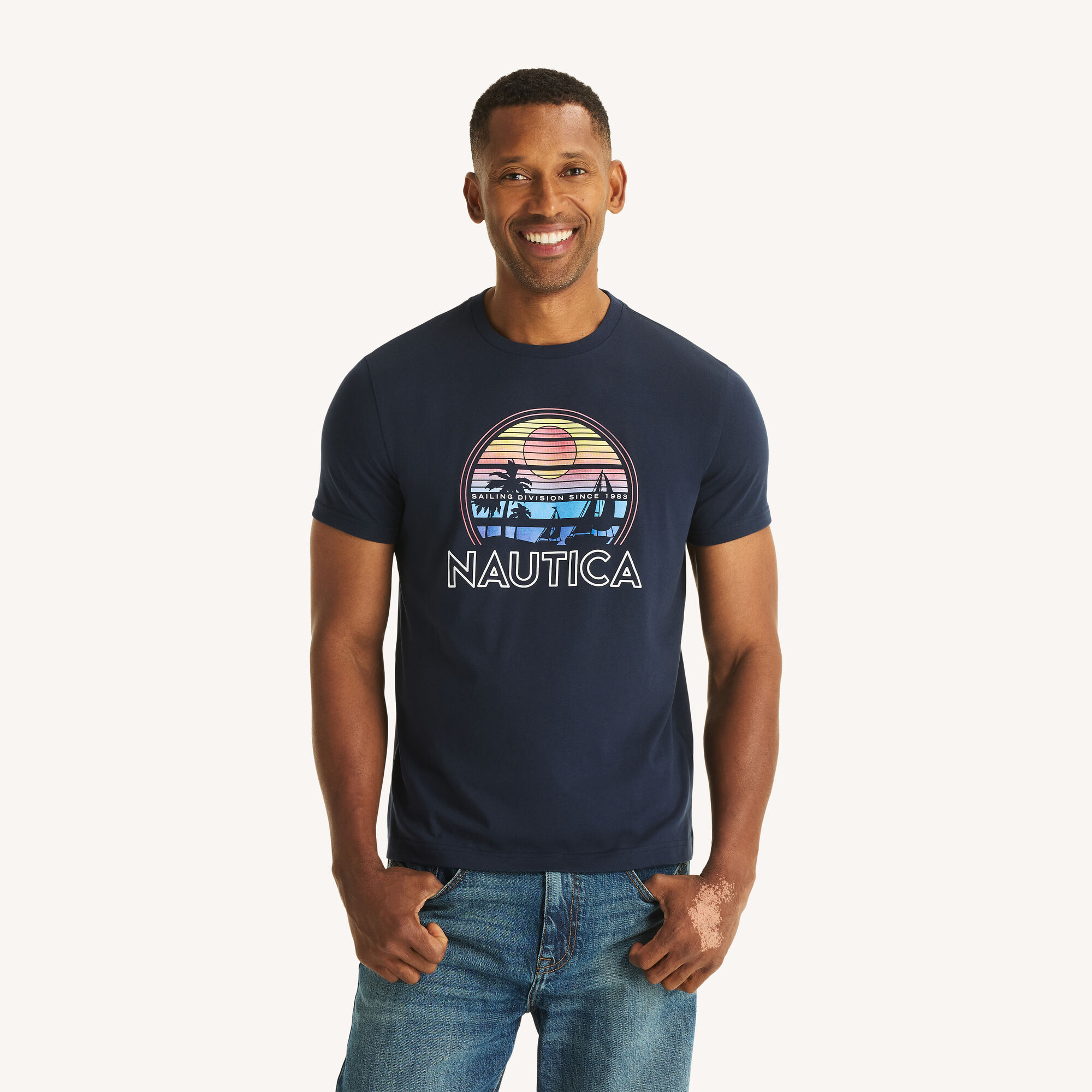 Nautica Men's Sunset Sailing Graphic T-Shirt 482 (Stellar Blue Heather), S