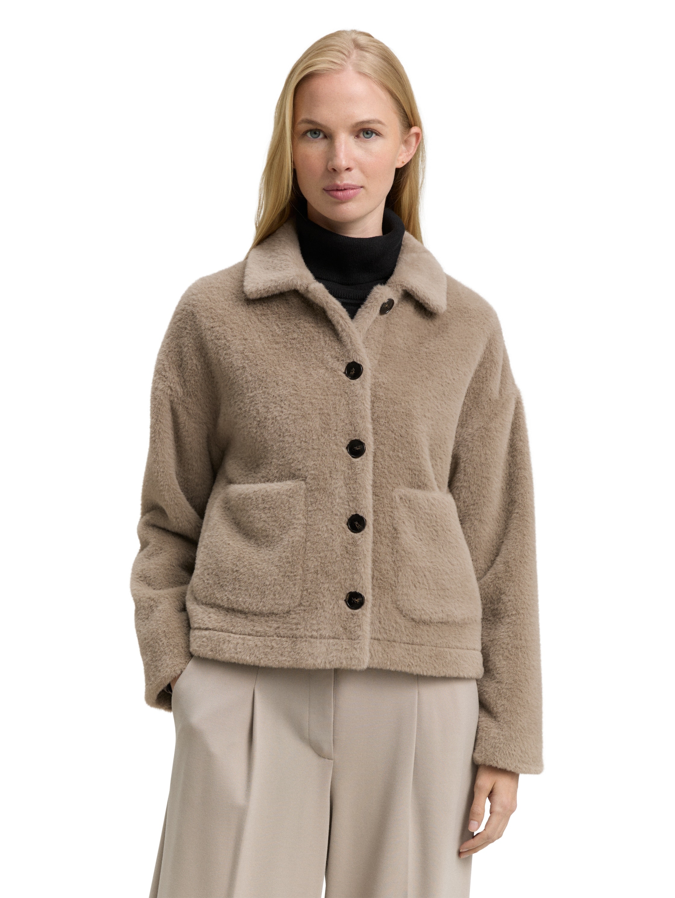 Bouclèjacke TOM TAILOR, Damen, Gr. L, soft taupe grau, Bouclé, Obermaterial: 54% Polyamid, 46% Polyester. Futter: 100% Polyester, unifarben, regular fit taillenbedeckt, gerader Abschluss, Jacken, mit Taschen