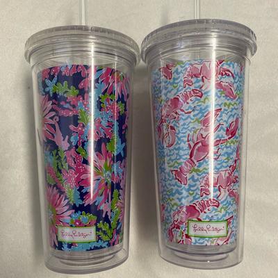 Lilly Pulitzer Kitchen | Lilly Pulitzer Tumblers With A Straw,Colorful Floral Coral Print 2 Cups 20 Oz | Color: Blue/Pink | Size: 20 Oz