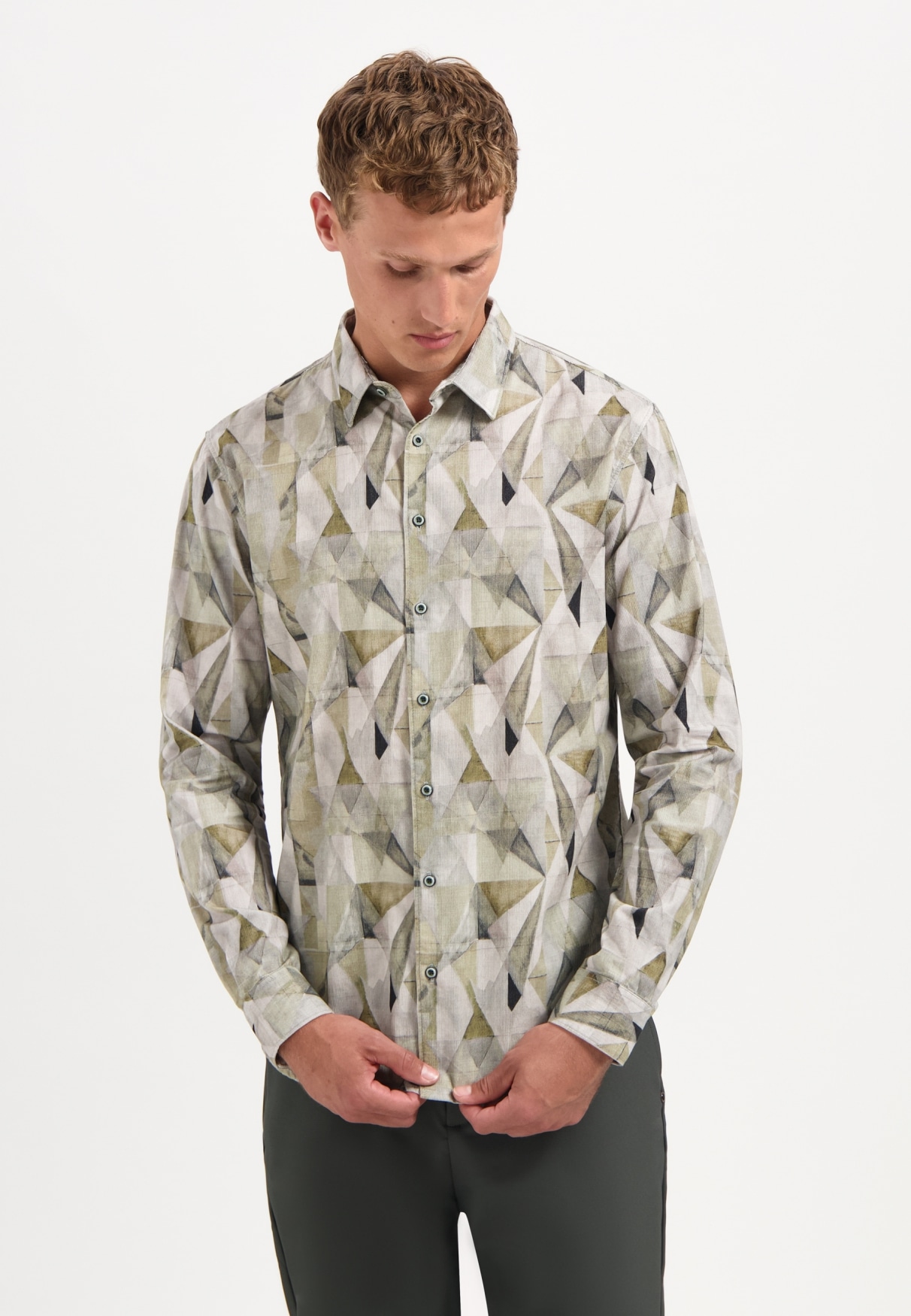 Langarmhemd NO EXCESS "No Excess Stretchhemd mit Print", Herren, Gr. S, Normalgrößen, light moss, 100% Baumwolle, regular fit, Hemden Image