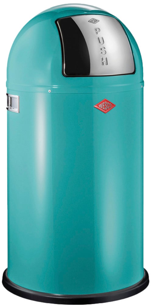 Mülleimer WESCO "Pushboy Abfallsammler", türkis, B:40cm H:75,5cm T:40cm Ø:40cm, Edelstahl, Kunststoff, Metall, Stahlblech, Mülleimer, Mülleimer, mit Metalleinsatz, Griffe, Einwurfklappe aus Edelstahl und Bodenring