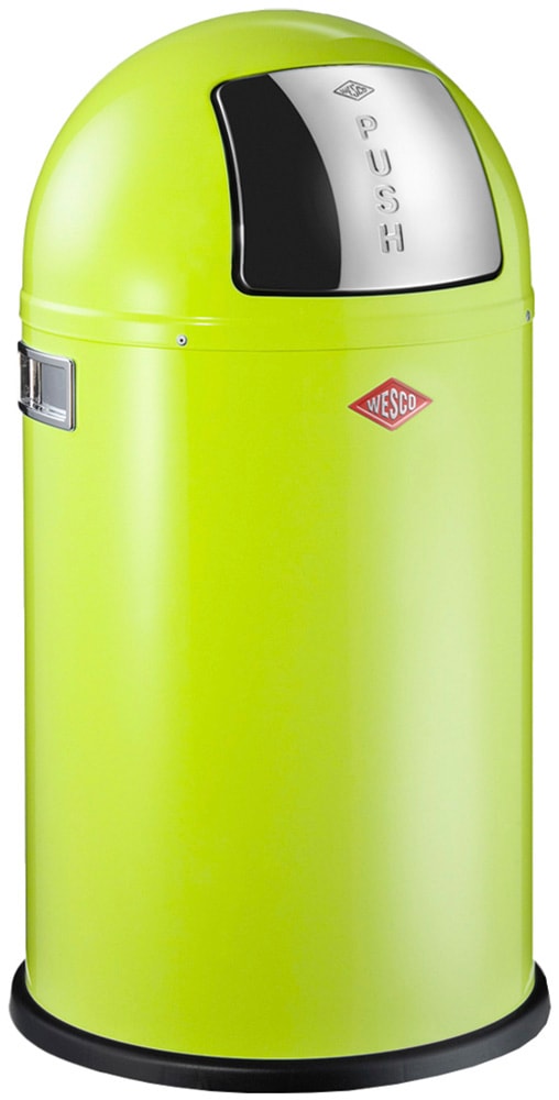 Mülleimer WESCO "Pushboy Junior Abfallsammler", limegrün, B:35cm H:63cm T:35cm Ø:35cm, Edelstahl, Kunststoff, Metall, Stahlblech, Mülleimer, Mülleimer, mit Metalleinsatz, Griffe, Einwurfklappe aus Edelstahl und Bodenring
