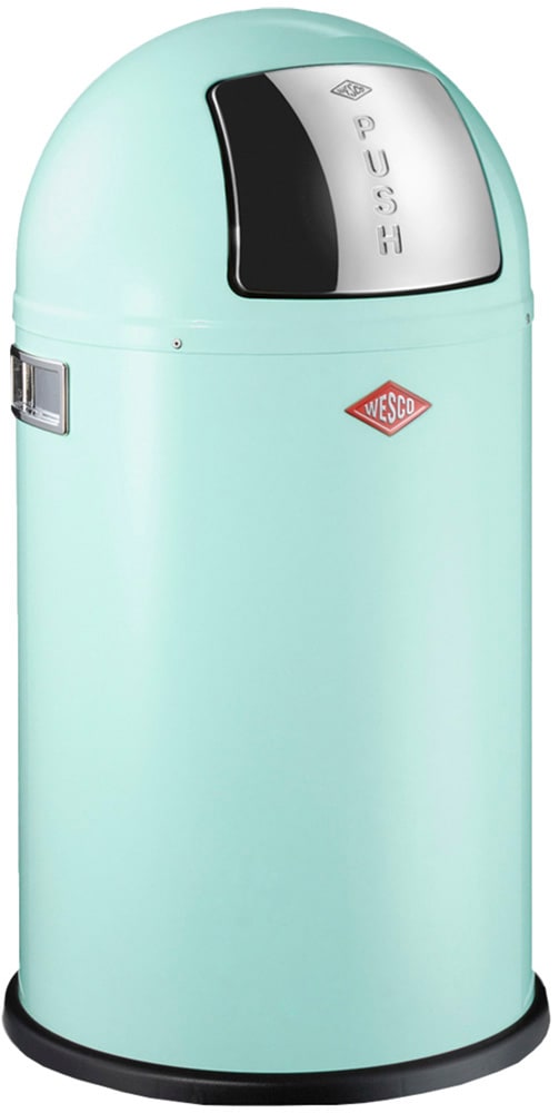 Mülleimer WESCO "Pushboy Junior Abfallsammler", mint, B:35cm H:63cm T:35cm Ø:35cm, Edelstahl, Kunststoff, Metall, Stahlblech, Mülleimer, Mülleimer, mit Metalleinsatz, Griffe, Einwurfklappe aus Edelstahl und Bodenring