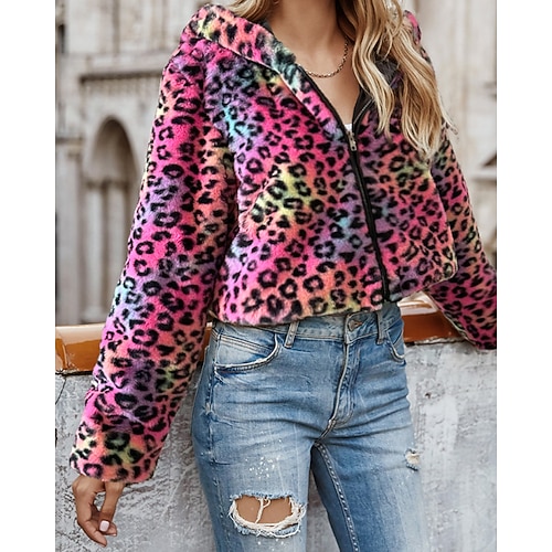 Per donna Giacca Cappotto in Pelliccia Sintetica Giacca con Cappuccio Caldo Confortevole Cerniera Strappati Pellicce e pelli Casual Leopardo Vacanza Streetwear Quotidiano Uscire Corto Con Cappuccio