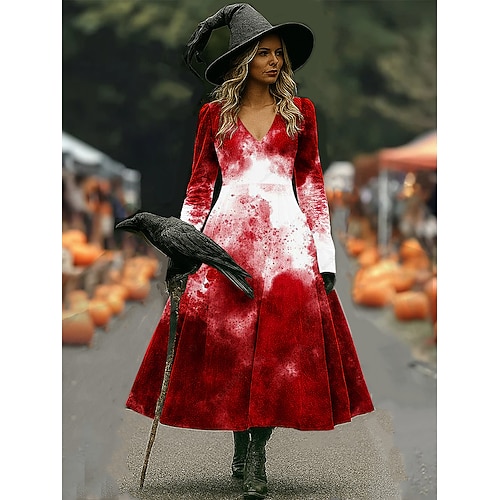 Abito Midi da Donna A Line Abito Vacanza Casual Boho Spiaggia Vestibilità Normale Grafica Astratta Maniche Lunghe V Collo Bianco Rosso Scuro Vino Marrone Primavera Autunno Inverno