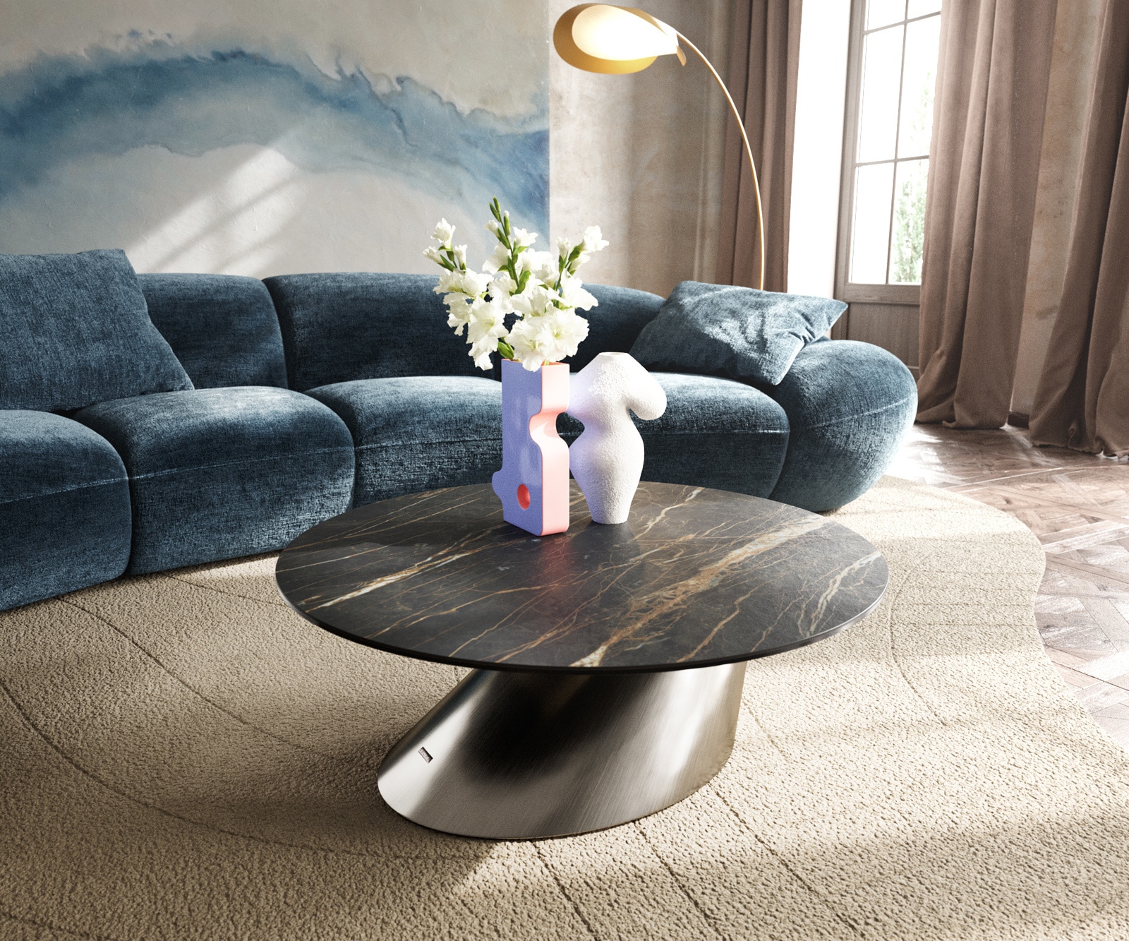 DELIFE Couchtisch Edge Rund 90x90 cm Keramik Laminam® Noir Desir Braun Conis Edelstahl gebürstet, Couchtische Image