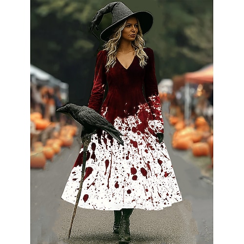 Abito Midi da Donna A Line Abito Vacanza Casual Boho Spiaggia Vestibilità Normale Grafica Astratta Maniche Lunghe V Collo Bianco Rosso Scuro Vino Marrone Primavera Autunno Inverno