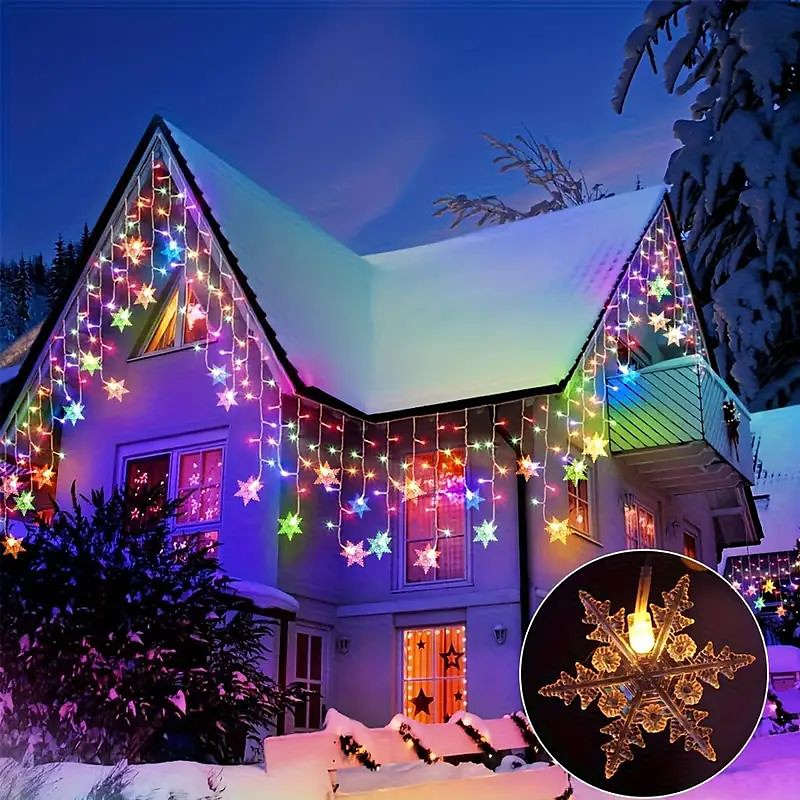 Christmas 96LED Snowflake Curtain Lights 3.5m 8 Modes Lighting for Thanksgiving New Year Valentine's Day Home Balcony Living Room Garden Porch Atmosphere Decoration