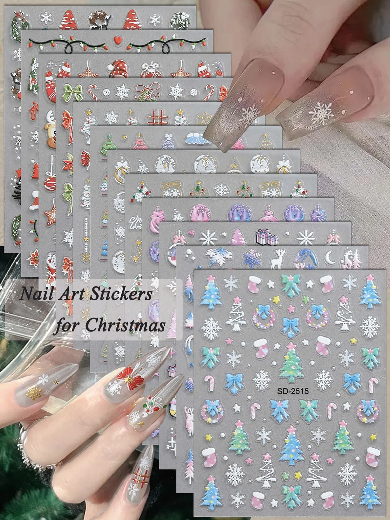 3/6/12 Blatt Weihnachten Nail Art Aufkleber Schneeflocke Baum Zuckerstange Geschenk Selbstklebende DIY Maniküre Aufkleber Urlaub Dekoration Image