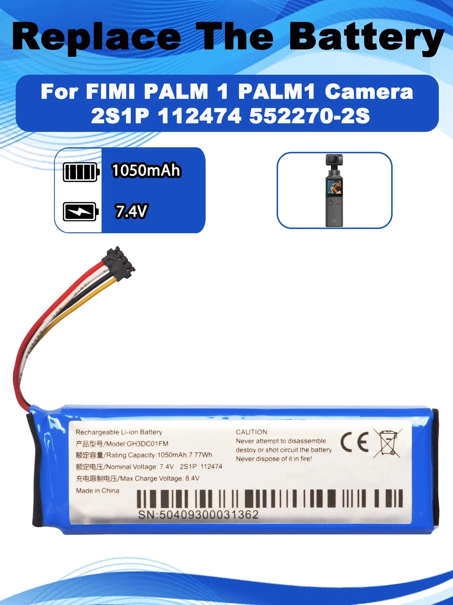 7.4V 1050mAh GH3DC01FM Replacement Battery For FIMI PALM 1 PALM1 Gimbal Pocket Camera 2S1P 112474 552270-2S Batteria