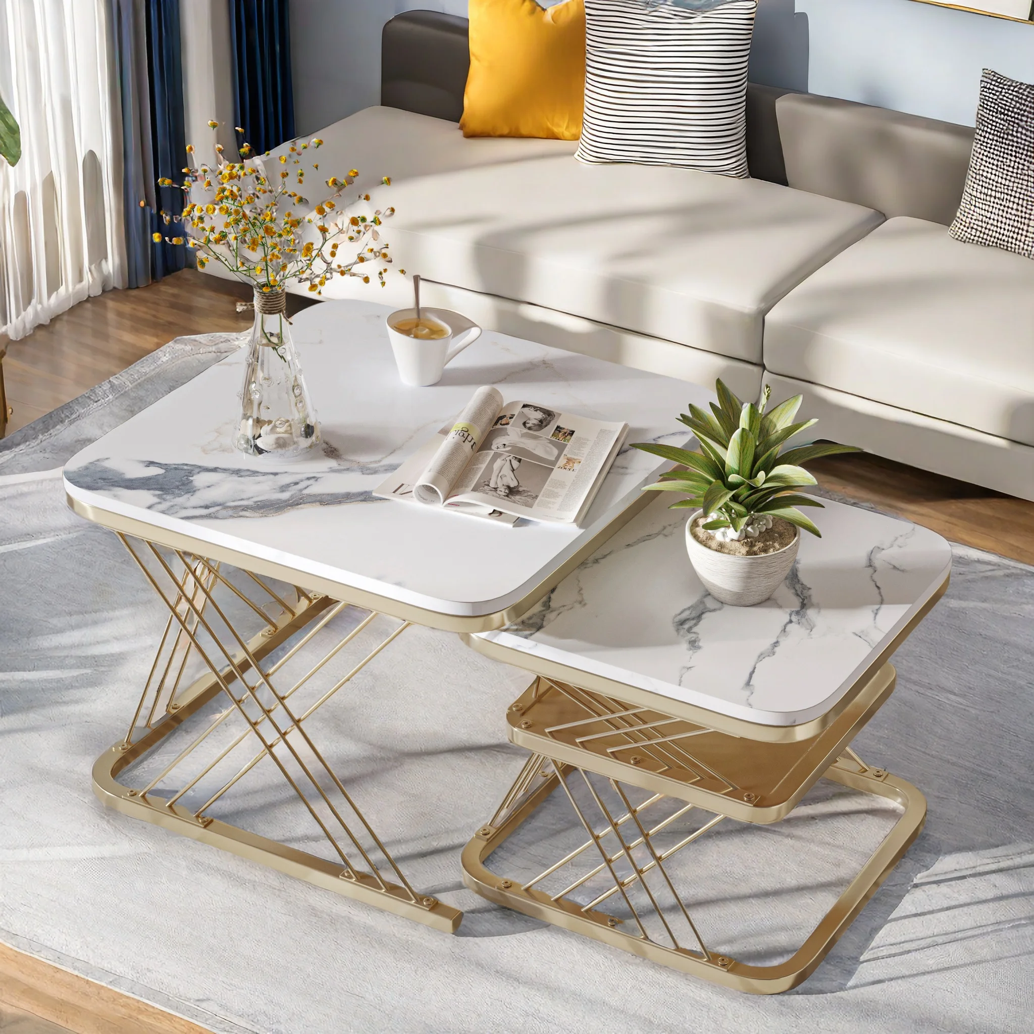 Rosahqnda 2er-Set Couchtisch 60 x 45 cm 45 x 38 cm Moderner Tisch mit Metallbeinen, eingebetteter quadratischer Couchtisch