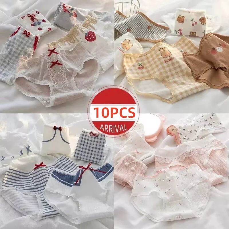 10PC Mischfarben Baumwolle Mädchen Höschen frauen Unterwäsche Drucken Weiche Pantys Weibliche Unterhose Image