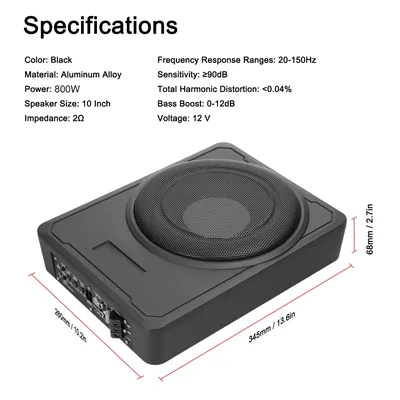 10" 800W Auto-Subwoofer für 12V-Fahrzeuge 68mm ultradünnes Aluminiumgehäuse Eingebauter Verstärker 20-150Hz Frequenzgang