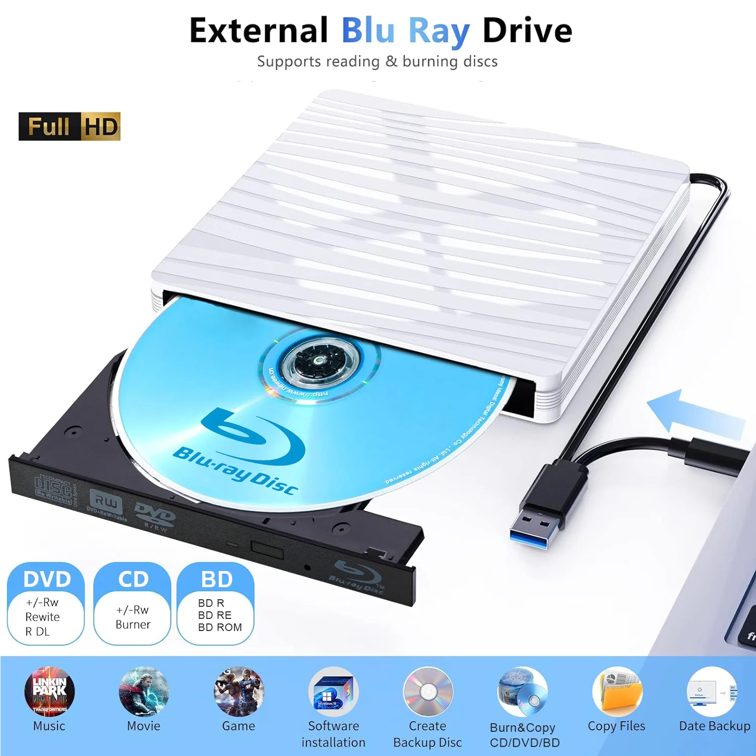 Externes Blu-Ray-Laufwerk, USB 3.0 und Typ-C 3D-Blu-Ray-Brenner-Player, DVD/CD/BD-Lesegerät, optisches Laufwerk für Laptop-Desktop-PC Image