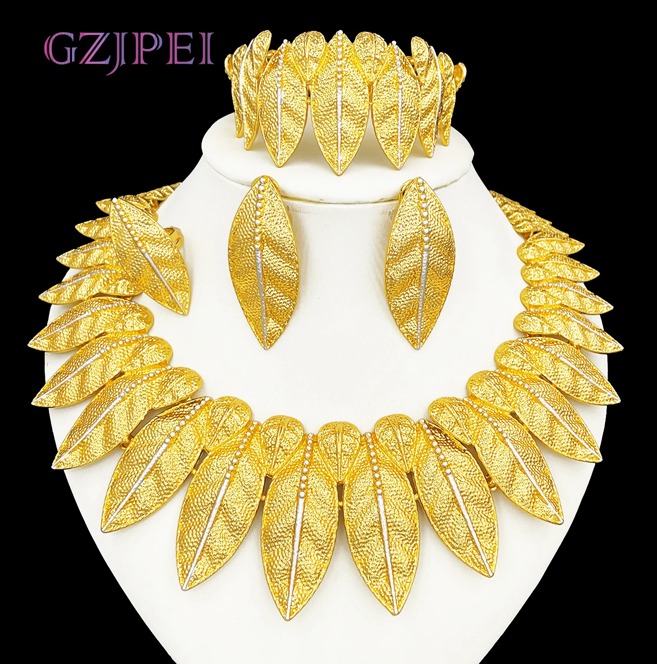 GZJPEI Italienisches 18 Karat vergoldetes Schmuckset Vintage Leafs Design Übertreibung Großer Schmuck für Frauen Hochzeitsgeschenk 2025 Neu Image