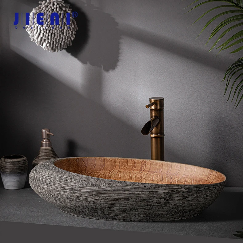 JIENI Art Keramik-Badezimmer-Waschbecken-Set, ovales Waschbecken, antikes Messing, Bambus-Wasserhahn, Pop-Up-Abfluss-Kombination, hochwertige Waschbecken aus Porzellan