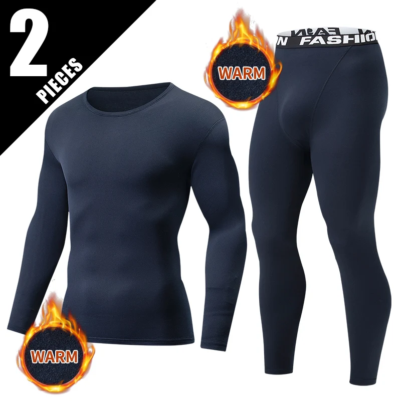 2-teiliges Herbst/Winter Herrenmode Sport Einfarbig Undercover Warmes Unterwäsche-Set für Jugendliche Laufen und Fitness T-Shirt Hosen Image