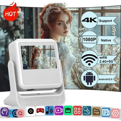 Portable Touch Projector 4K 1080P, Android 12, WiFi Bluetooth, HDMI/USB, Dual Screen, Built-in Speaker, Mini Cinema