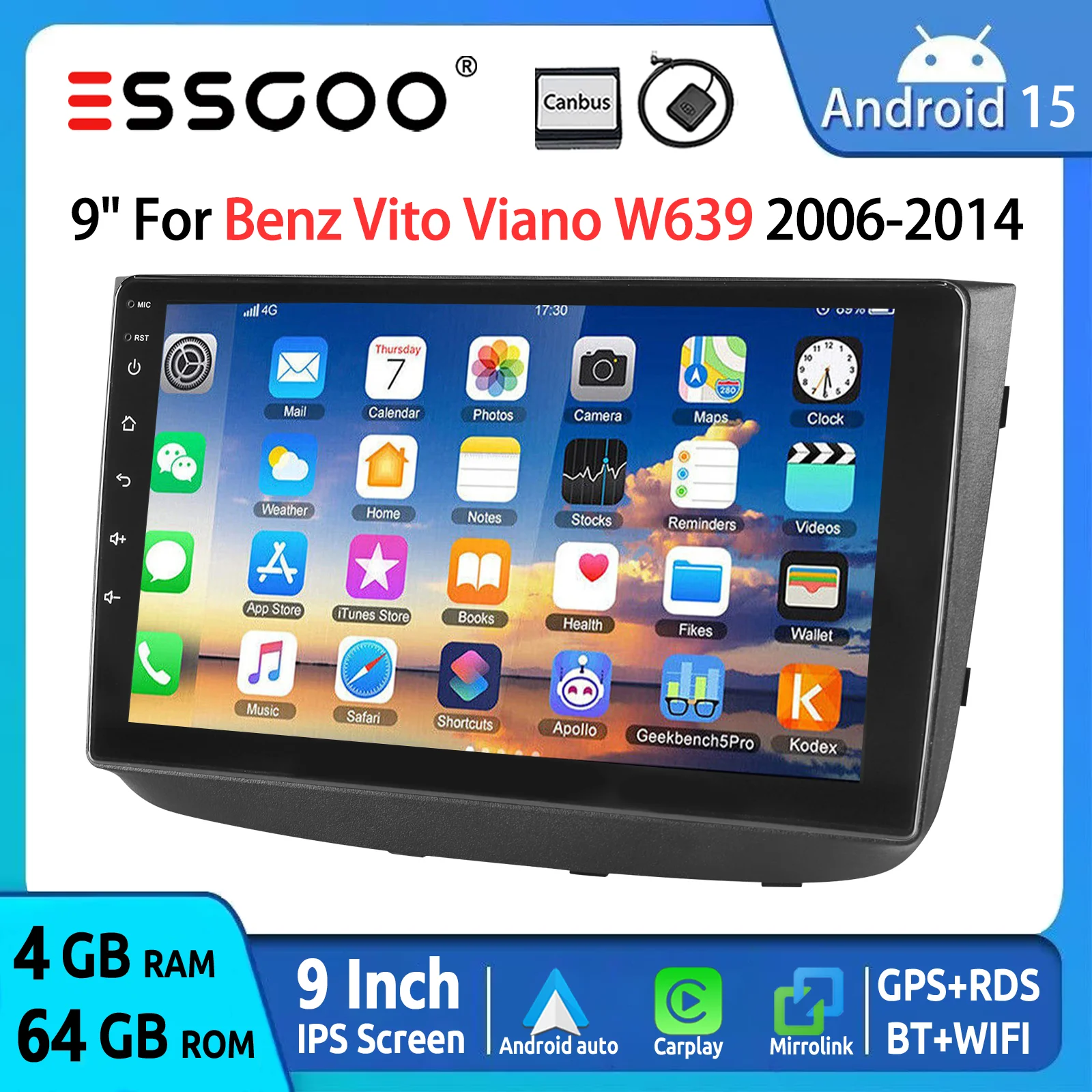 ESSGOO Autorradio Android 15 10" 64 GB per Mercedes-Benz Viano Vito W639 2004-2014 - CarPlay Senza Fili Android Auto GPS Navigazione Comandi al Volante FM Bluetooth WiFi RDS Mirror Link Touchscreen