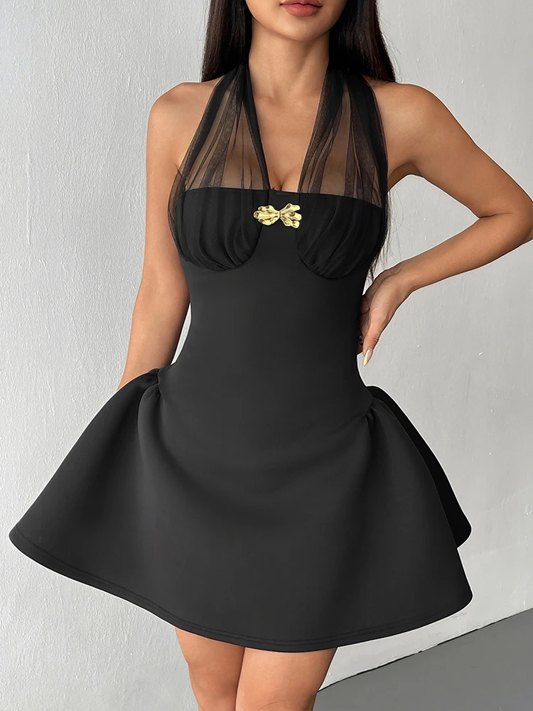 Frauen A-Linie Kleider Sommer Streetwear Fashion Beiläufige Dünne Neckholder Kleid Schwarz Sexy Backless Durchsichtig V-ausschnitt Kleider Kleidung