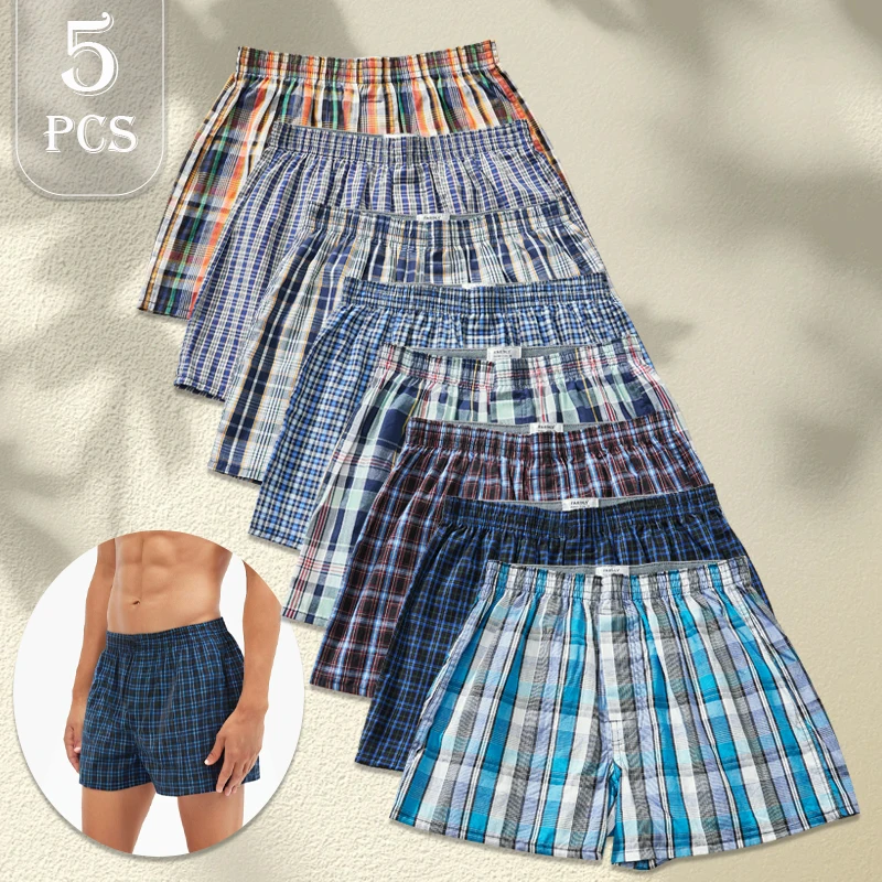 Herren-Boxershorts aus Baumwolle, atmungsaktiv, weich, bequem, elastischer Bund, karierte Boxershorts, Hosen für Herren, Zuhause, Alltag Image