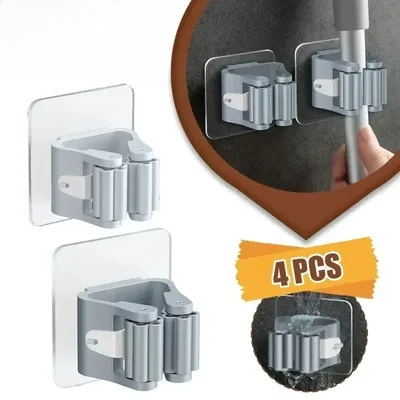4PCS Heavy Duty Mop Broom Holder Waterproof Wall Organizer No Drill Adjustable Hooks for Bathroom Garage Kitchen Storage Rack