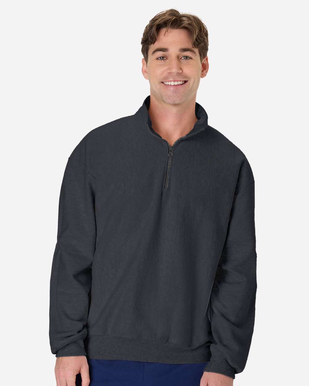 Hanes OG900 Men's Beefy Sweats Premium Heavyweight Quarter-Zip Sweatshirt in Charcoal Heather size Medium | Cotton/Polyester Blend