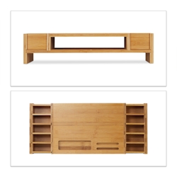 Relaxdays Monitorständer, Bildschirmständer aus Bambus, 14 Fächer, ergonomischer Monitorerhöher, HBT 15x65x28 cm, natur Image