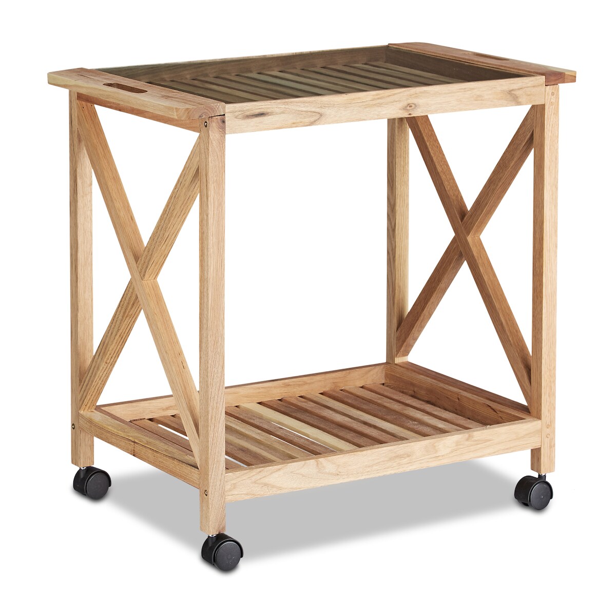 Relaxdays Küchenwagen Holz auf Rollen, 2 Etagen Servierwagen, Rollwagen mit Glasplatte, HxBxT: 63 x 66,5 x 38 cm, natur Image