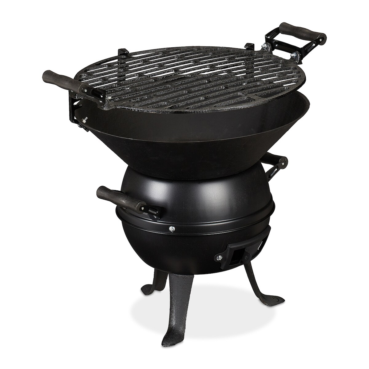 Relaxdays Grillfass, Gusseisen und Stahl, höhenverstellbar, tragbar, Barbecue Holzkohlegrill, Grillrost Ø 35 cm, schwarz Image