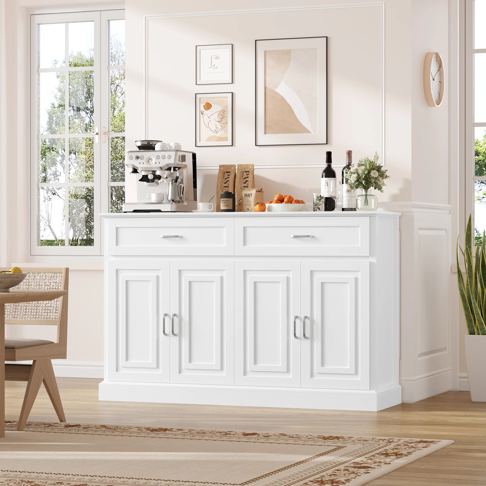 Getone Buffet Cuisine, Meuble de Cuisine Rangement, Buffet Salon avec 4 Portes 2 Tiroirs,Buffet Salon, Meuble de Rangement pour Chambre Salle à Manger Étagère Réglable 140x39.5x92.5cm Blanc/Noir