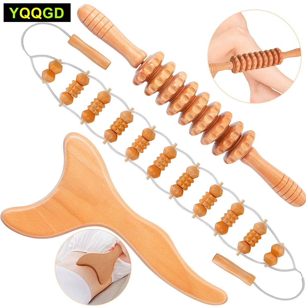 Strumenti per massaggio con terapia del legno, kit per meloterapia, rullo per massaggio in legno e corda per rullo per massaggiatore per la schiena per modellare il corpo