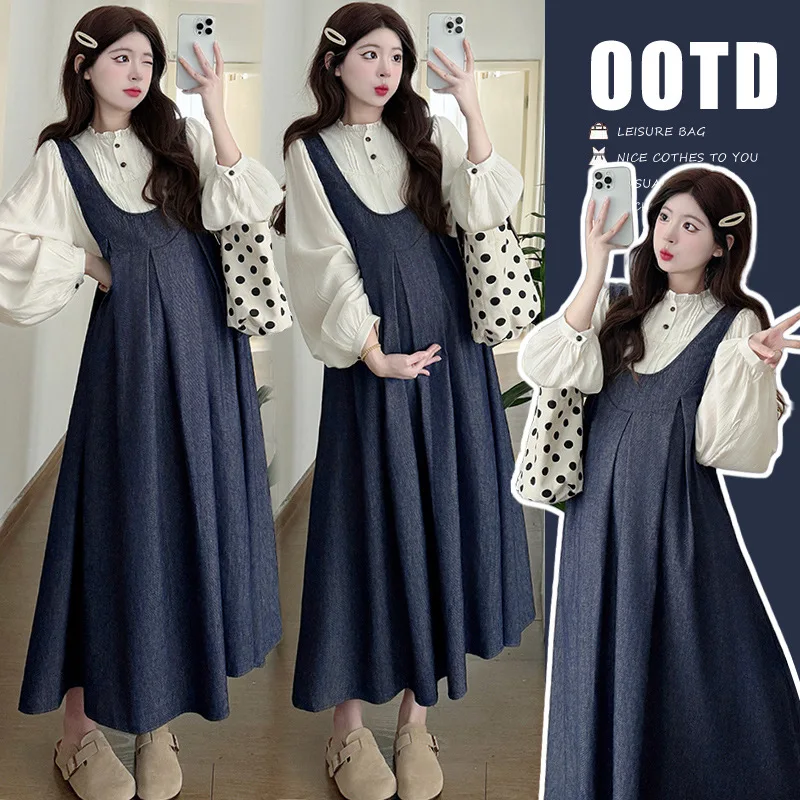 2025 Chic Maternity Two Piece Set Pregnancy Wear Spring Summer Denim Overalls Dress and Shirt Breathable Korean Inspired