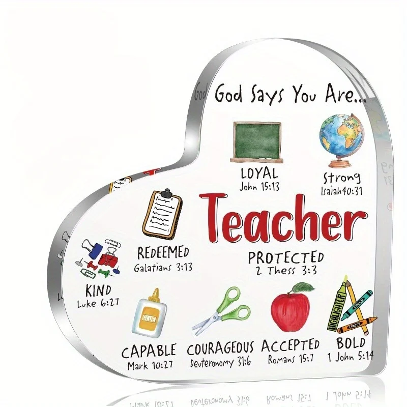 Teacher Appreciation: Heart Acrylic Decor Set (Women Teacher), "God Says You Are" Desk Gift (Appreciation Day/Retirement/Graduat