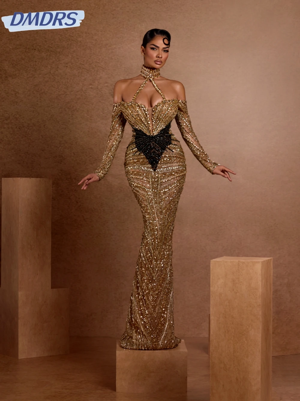 Golden Beaded Crystal Sheath Long Evening Dress Fashion Halter Off Shoulder Wedding Party Gown 2026 New Customized Prom Dresses