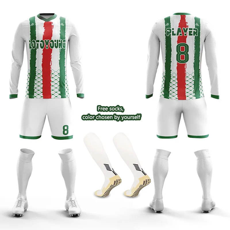 Custom Sublimated Strip Design Soccer Jersey Set 100% Polyester Breathable Soccer Jerseys Quick Dry Long Sleeve Football Wear