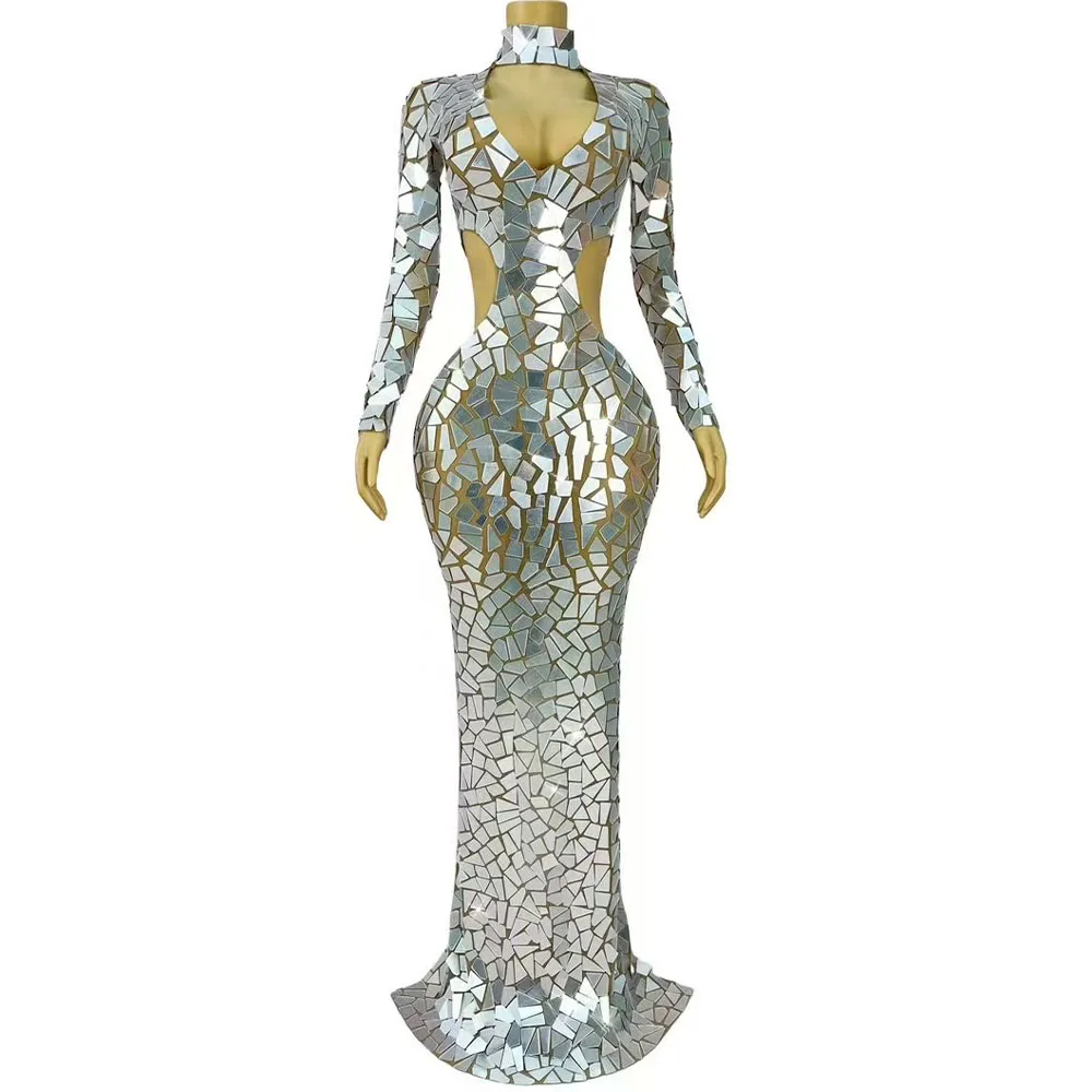 Sexy Bühne Luxuriöse Volle Silber Spiegel V-ausschnitt Hohl Taille Kleid Glänzende Schwere Abendkleid Frauen Prom Party Show Outfit Image