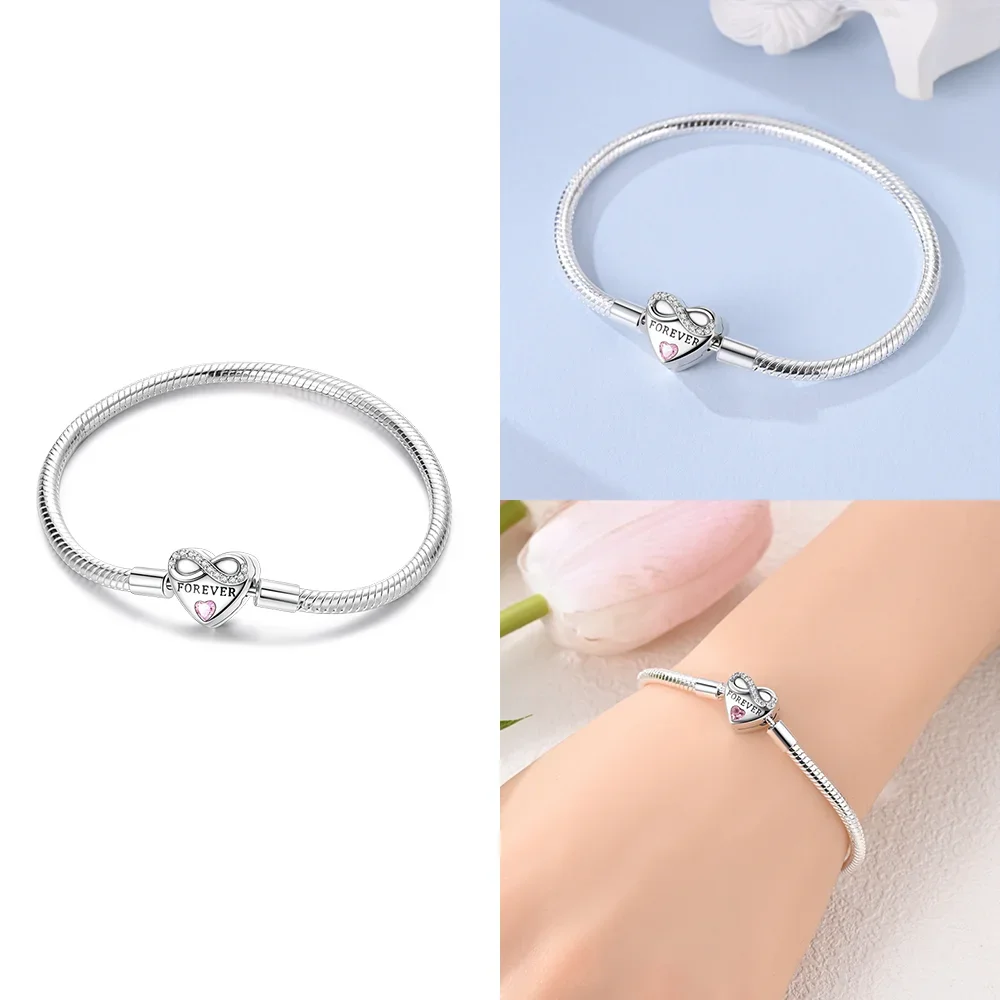 Original 925er Silber Liebesherz Rosa Zirkon Armband Infinite Forever Schöne Frauen Geschenk Armband Zubehör Freundin Schmuck Image