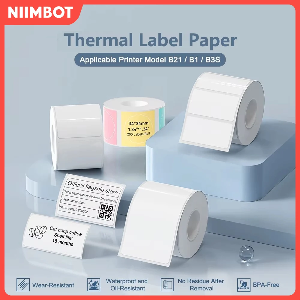Niimbot 3-Rollen-Set Etikett für B1/B21 Etikettendrucker, weiß/farbig/klares, selbstklebendes, wasserfestes Papier für das Heimbüro Image