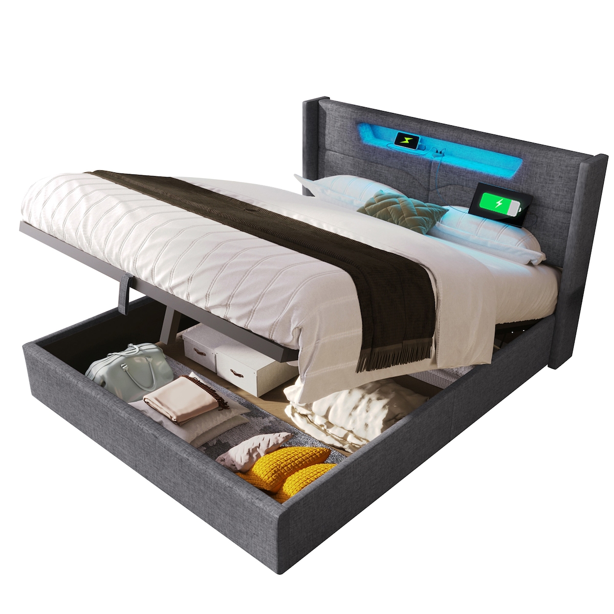 OKWISH Polsterbett mit Stauraum, LED-Beleuchtung, USB- und Typ-C-Anschluss, Leinenbezug, komfortables Kopfteil, Doppelbett 160 × 200, Grau Image
