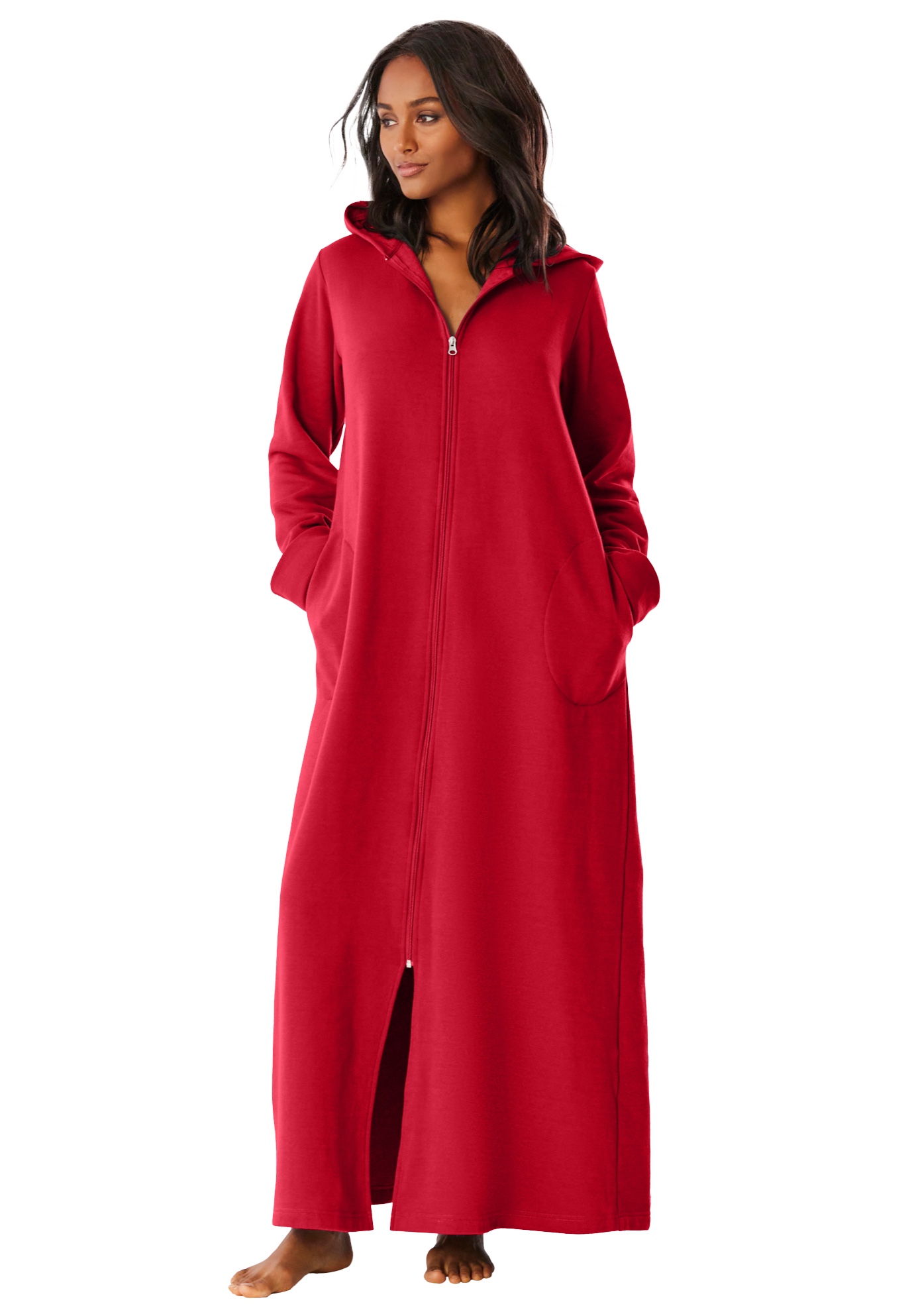 Plus Size Women's Long Hooded Fleece Sweatshirt Robe by Dreams & Co. in Classic Red (Size 3X)