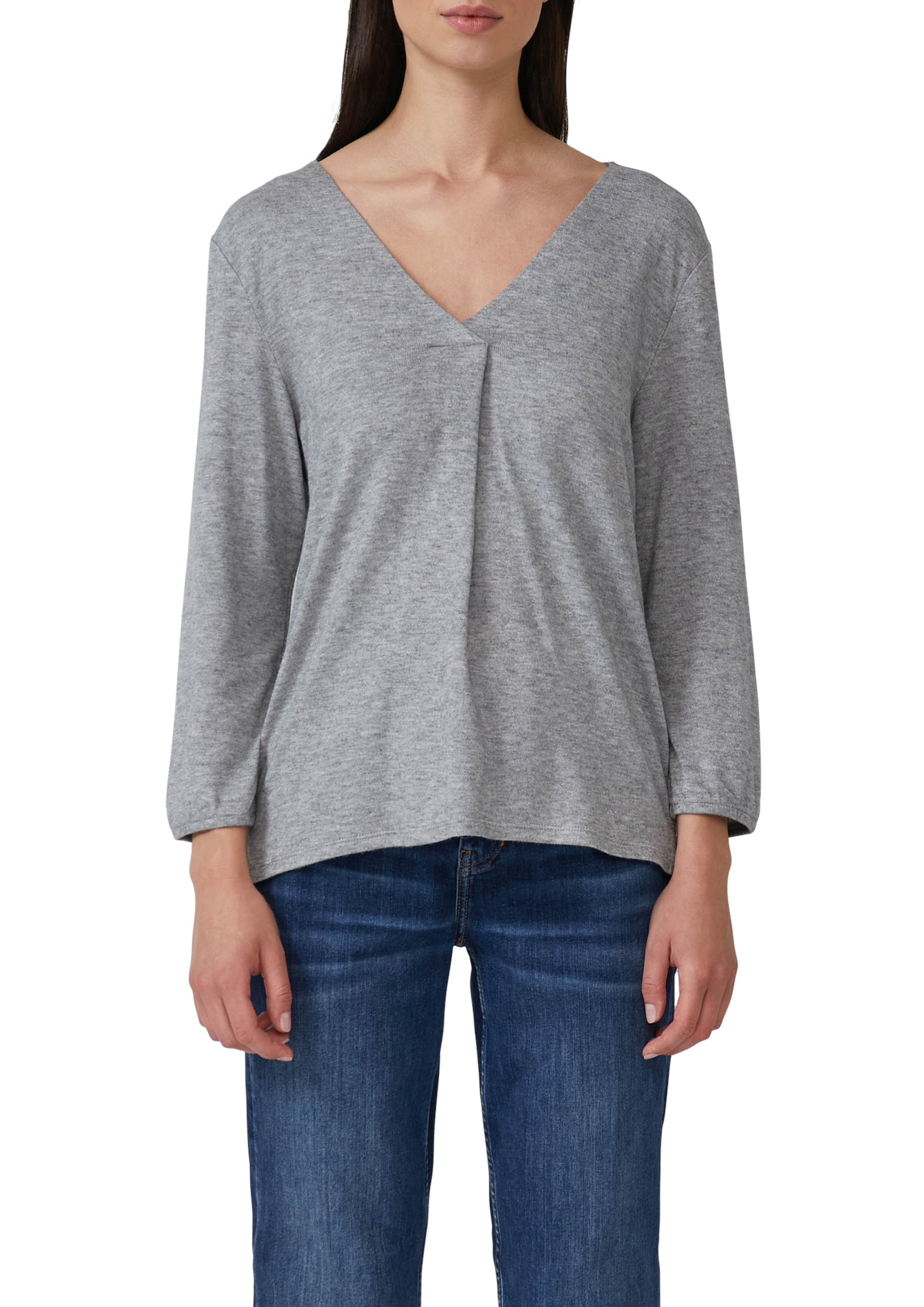 3/4-Arm-Shirt S.OLIVER, Damen, Gr. 42, grau melange, Web, Obermaterial: 50% Viskose, 28% Polyester, 22% Polyamid, meliert, lässig geschnitten hüftbedeckend, V-Ausschnitt, elastischer Bund, Shirts 3/4-Arm-Shirt, mit V-Ausschnitt