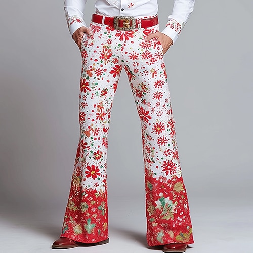 Noël Homme Imprimé Floral Feux d'artifice Costume de Noël Pantalon Disco Pantalons pattes d'éléphant des années 60 et 70 Taille Moyenne Western Vintage Rétro Extérieur Fête Poches Latérales Pantalon