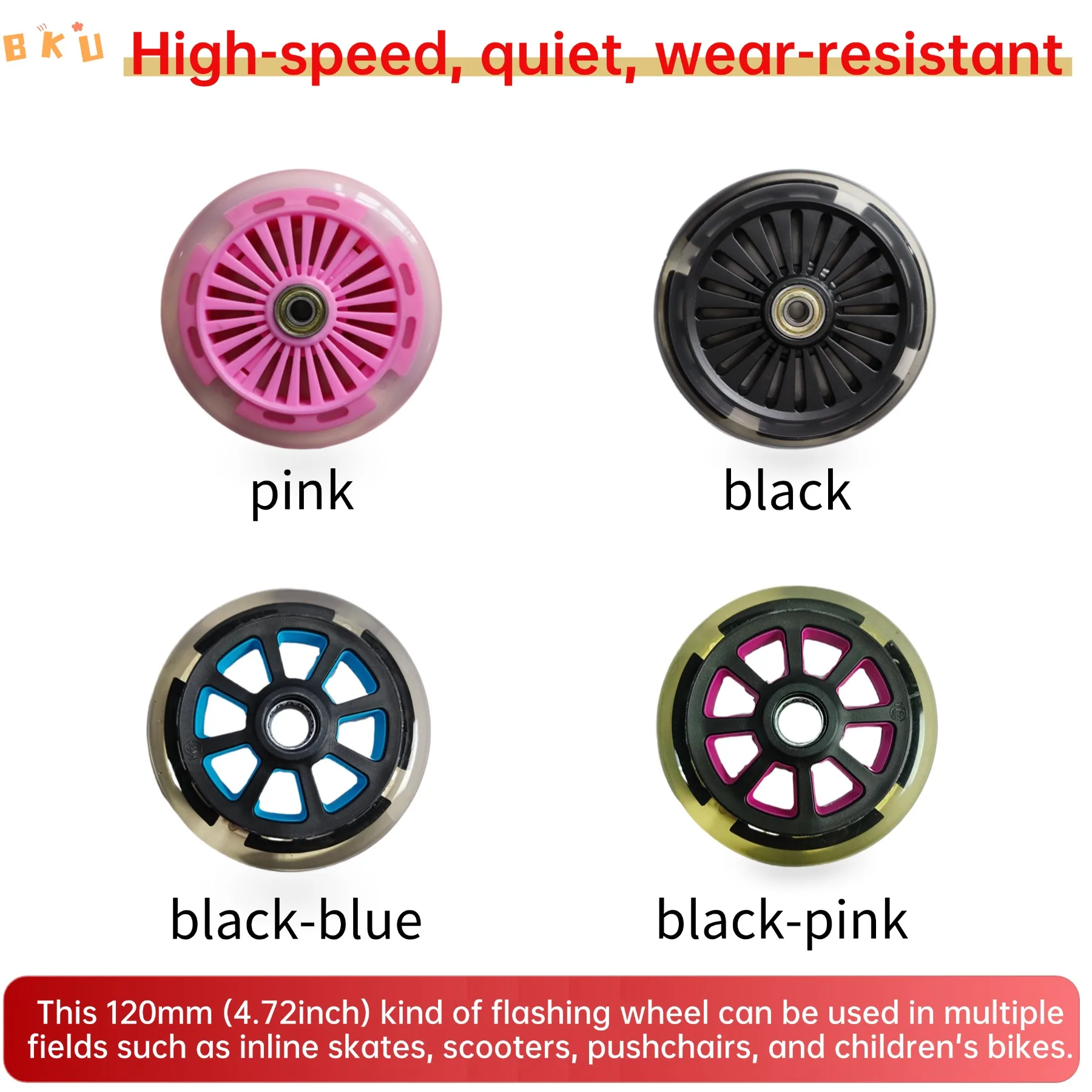 Light-up PU Wheels 120mm (4.72-inch") -Suitable for Inline Skates and Scooters (OEM Replacement Wheels with Bearings) 2pcs