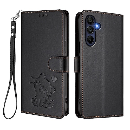 Handy Hülle Handyhüllen Für Samsung Galaxy S25 S24 S23 S24 FE S22 Plus Ultra S23 FE A56 A36 A26 A16 Brieftaschenhülle Vollschutz mit Trageriemen Stoßfest Katze Retro TPU PU-Leder Image