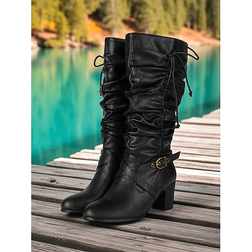 Braune Damen-Stiefel aus Kunstleder mit seitlichem Reißverschluss und Schnallenriemen, Vintage-Stiefel im lässigen Blockabsatz für Herbst, Winter, Outdoor und den Alltag Image