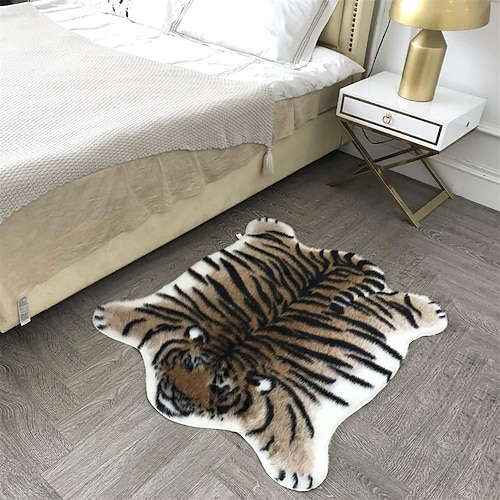 Teppiche Tigerprint formte Teppich für Wohnzimmer und Schlafzimmer Faux Pelz Tierhaut Teppich Weich Rutschfest Maschinenwaschbar Teppich Flauschige Akzent Fußmatte Wohnkultur Image