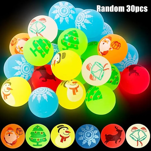 30/50 Stück im Dunkeln leuchtende Weihnachts-Hüpfbälle, ungiftige Partygeschenke aus Gummi mit Weihnachtsmann, Rentier und Schneeflocken, kein Strom erforderlich, perfekt für Weihnachten, Geburtstage, Image